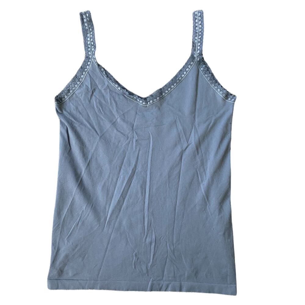EUC Tefron Seamless V Neck Lace Trim Pullover Cami Blue Size Medium